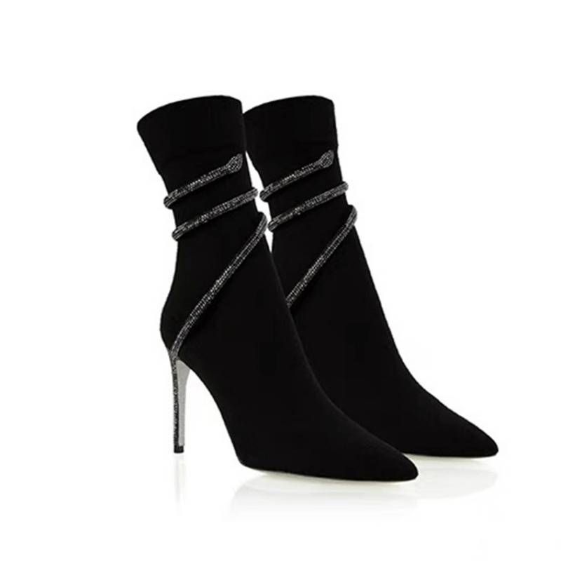Women's Stiletto Boots - Pointed Toe High Heel Ankle Boots With Stretch Knit & Rhinestone Accents - Slim Fit Mid-Calf Boots For A Leg-Lengthening Look_vogvips.com