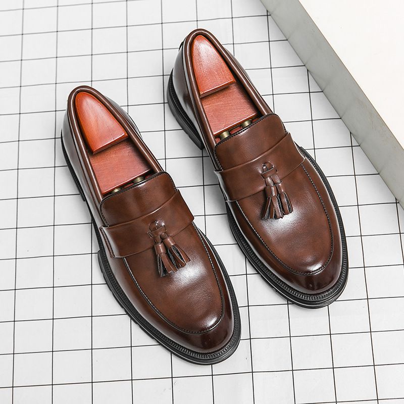 Unbeatable Quality Unbeatable Quality Tassel Business Dress Casual Leather Hairdresser Men's Shoes Thick Heel Height Increase One Step British Loafers_vogvips.com