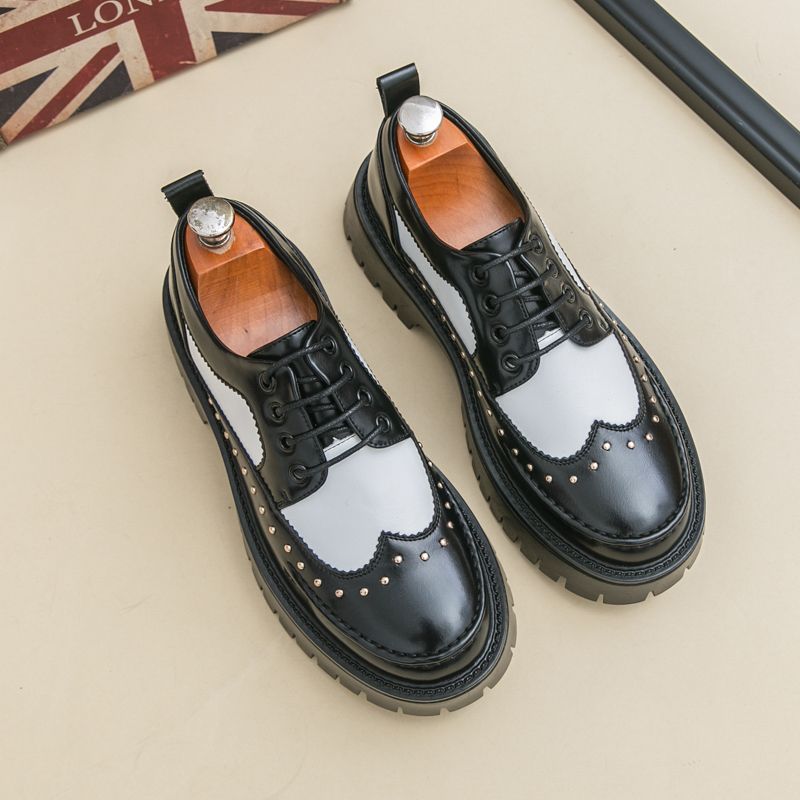 British Fashion Men's Big Head Black And White Color-blocking Thick Sole Heightened Casual Men's Shoes Lace-up Business Banquet Wedding Leather Shoes_vogvips.com