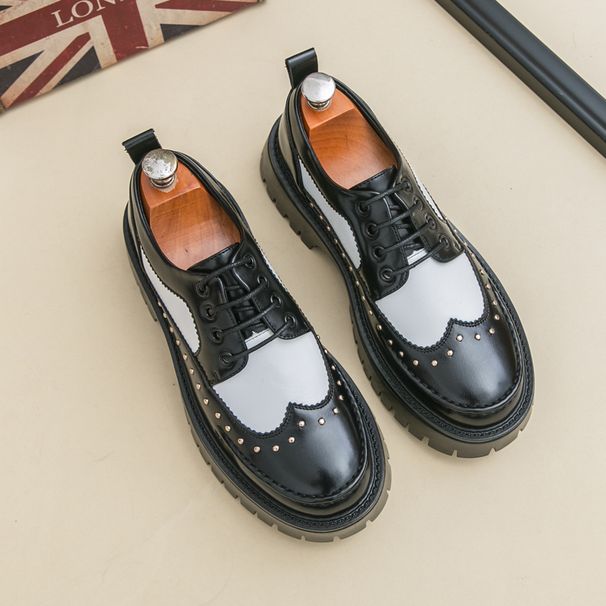 British Fashion Men's Big Head Black And White Color-blocking Thick Sole Heightened Casual Men's Shoes Lace-up Business Banquet Wedding Leather Shoes_vogvips.com