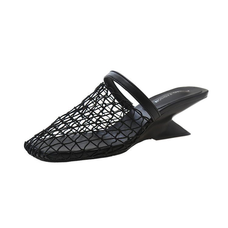 Women's Baotou Half Slippers For Women To Wear Outside Summer New Niche Mesh Cut Out Sandals Breathable Thick Heel Fishnet Shoes_vogvips.com