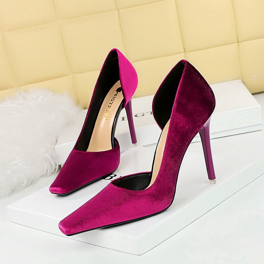 Women's shoes with fine heels, high heels, suede, shallow cut, square head side hollowed out_vogvips.com