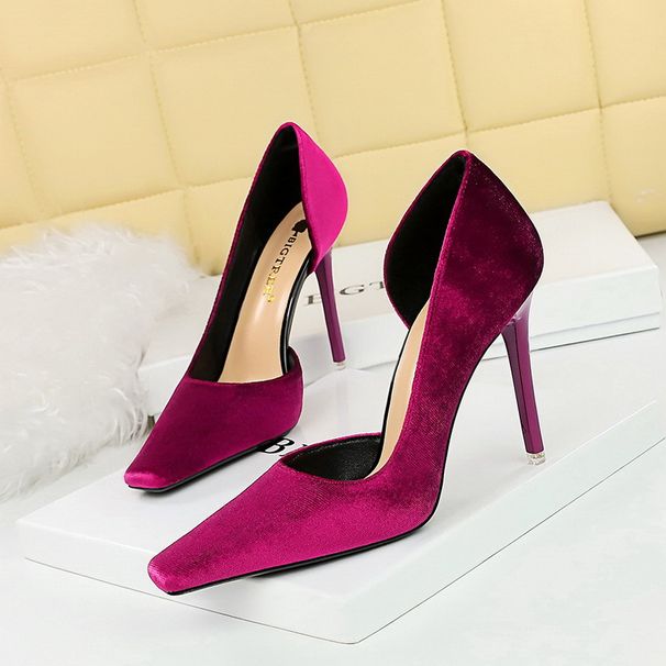 Women's shoes with fine heels, high heels, suede, shallow cut, square head side hollowed out_vogvips.com