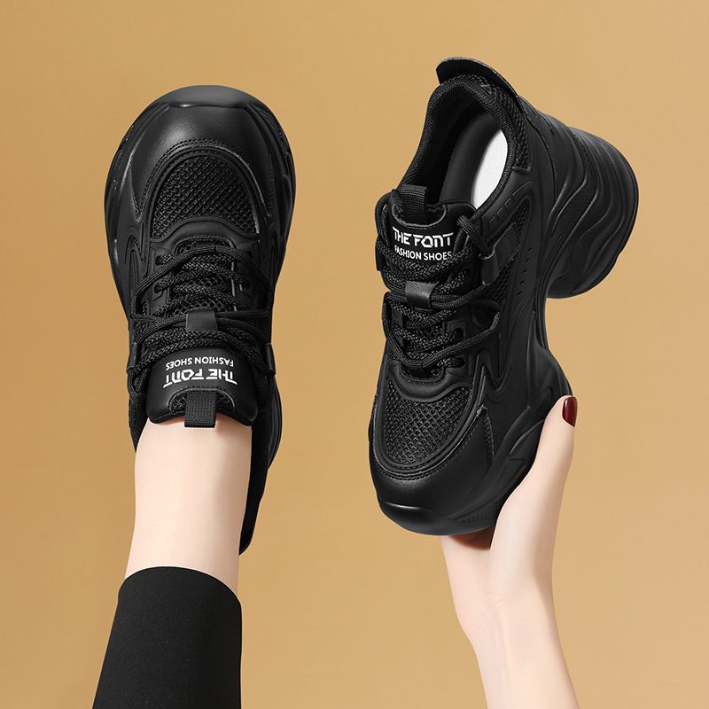 Black Dad Sneakers For Women 2025 New Style Height Increasing Autumn Winter Four Seasons Travel Lightweight Thick Sole_vogvips.com