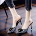 Retro Summer Baghead Metal Buckle Müller Shoes, 9cm, Versatile, Thousand-bird-pattern, Low Heel, Pointed Toe, Elegant Flip-flops_vogvips.com