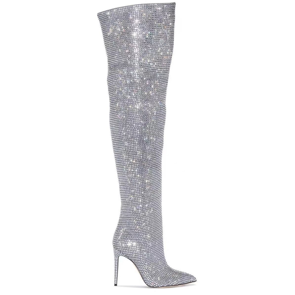Women's Shoes Fashion Shows Star Studded High Heeled Rhinestone Pointed Pleated Over The Knee Boots Fashionable Large Size Women's Boots_vogvips.com
