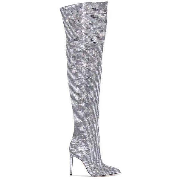 Women's Shoes Fashion Shows Star Studded High Heeled Rhinestone Pointed Pleated Over The Knee Boots Fashionable Large Size Women's Boots_vogvips.com