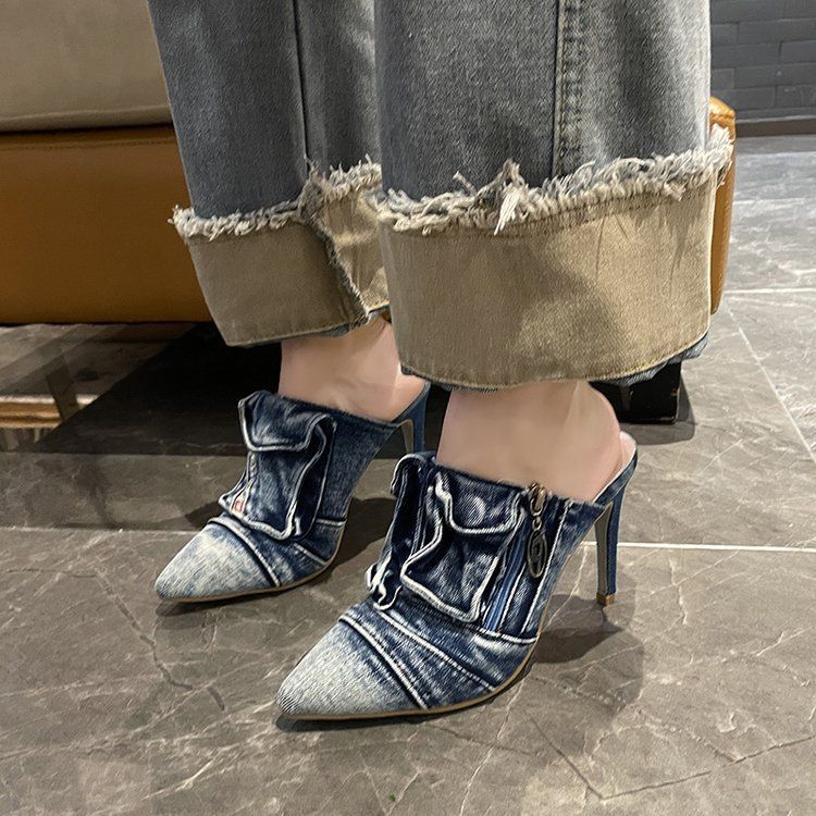 2026 New High Heel Pointed Slippers Washed Denim Retro Personalized Vintage Sandals European And American Cross Border_vogvips.com