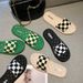 Women's Summer Outdoor Slippers, Trendy Black And White Plaid Flat Beach Sandals, Indoor Slide Sandals_vogvips.com