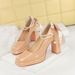 9981-H79TP Sweet Butterfly Knot Pearl Chain Thick Heels Square Head One Word Strap Lacquer Waterproof Platform Single_vogvips.com