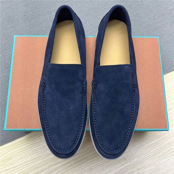 LP Genuine Lazy One Foot Loafers New Casual Low Heel Cowhide Deep Blue Leather Shoes_vogvips.com