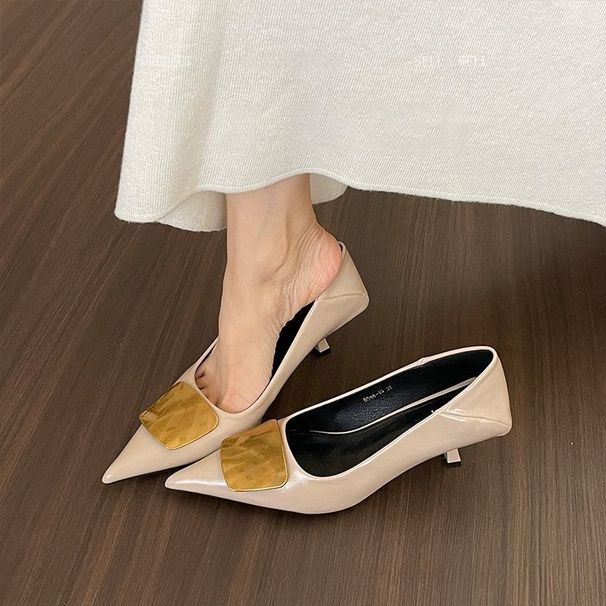 Elegant French Pointed Toe Heels - Comfortable Mid Heel Pumps For Women, Versatile Dress Shoes With Metallic Accents_vogvips.com