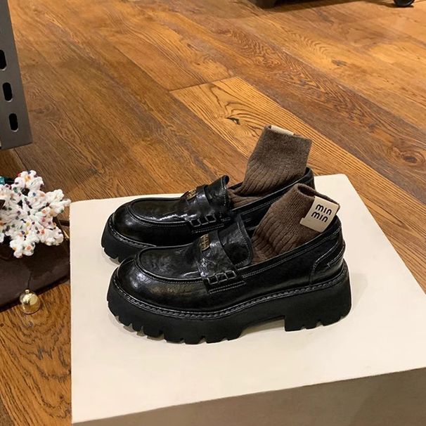 heightened Platform Small Gold Coin Loafers Women's British Small Small Leather Shoes Single Shoes_vogvips.com