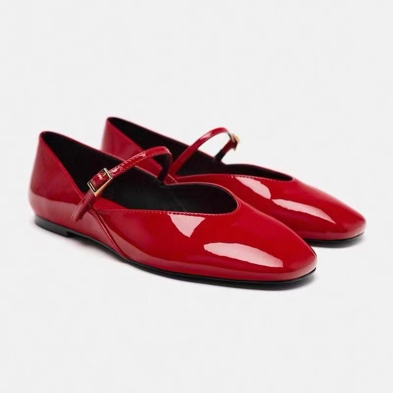 Women's Patent Leather Mary Jane Style Flat Ballet Women 2024 New Fashion Round Toe Red Single Shoes_vogvips.com