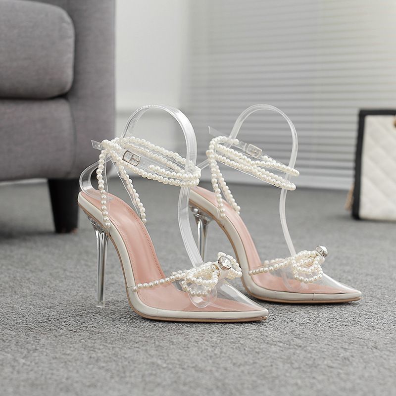 Women's Elegant Peep-Toe Heels Crystal Clear Block Heels With Bow & Pearl Accents, Comfortable Strappy Sandals – White/Pink (35-42)_vogvips.com