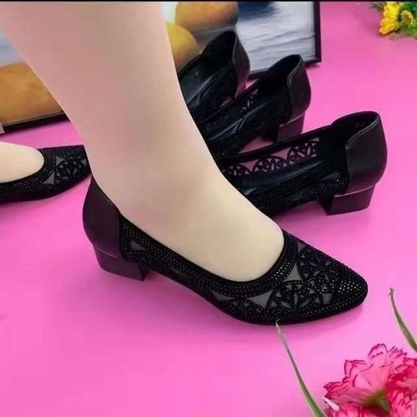 Soft Leather Women's Sandals Women's Hollow Mesh Yarn Rhinestone Bag Head Flat Bottom Hot Diamond Single Shoes Small Leather Shoes_vogvips.com