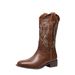 Embroidered Genuine Leather Short Boots For Women, Thick Sole, Chunky Heel, Mid-Calf Cowboy Stretchy Riding Boots,_vogvips.com