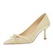 9527-1 French-style Fashionable High-heeled With Gold Silk Satin Bow, Pointed Toe, Shallow Cut, Slip-on, Thin Heel_vogvips.com