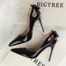 3168-8 Korean Style Sexy Slimming High Stiletto Heels Shallow Mouth Pointed Toe Patent Leather Hollow Back Bowknot_vogvips.com