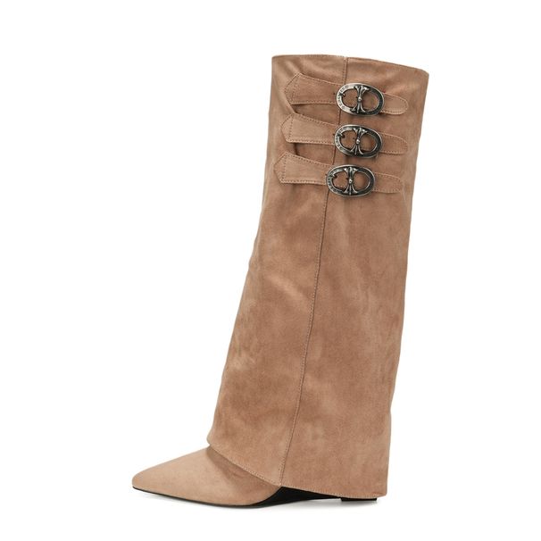 Women's Shoes White Pointed Toe Wedge Boots With Hidden Heels, Autumn/Winter New Retro Leather Buckle Tall Boots, Riding Boots_vogvips.com