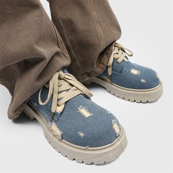 Men's Retro Chunky Sole Cowboy Denim Martin Boots - Low Top Vintage Style With Thick Platform_vogvips.com