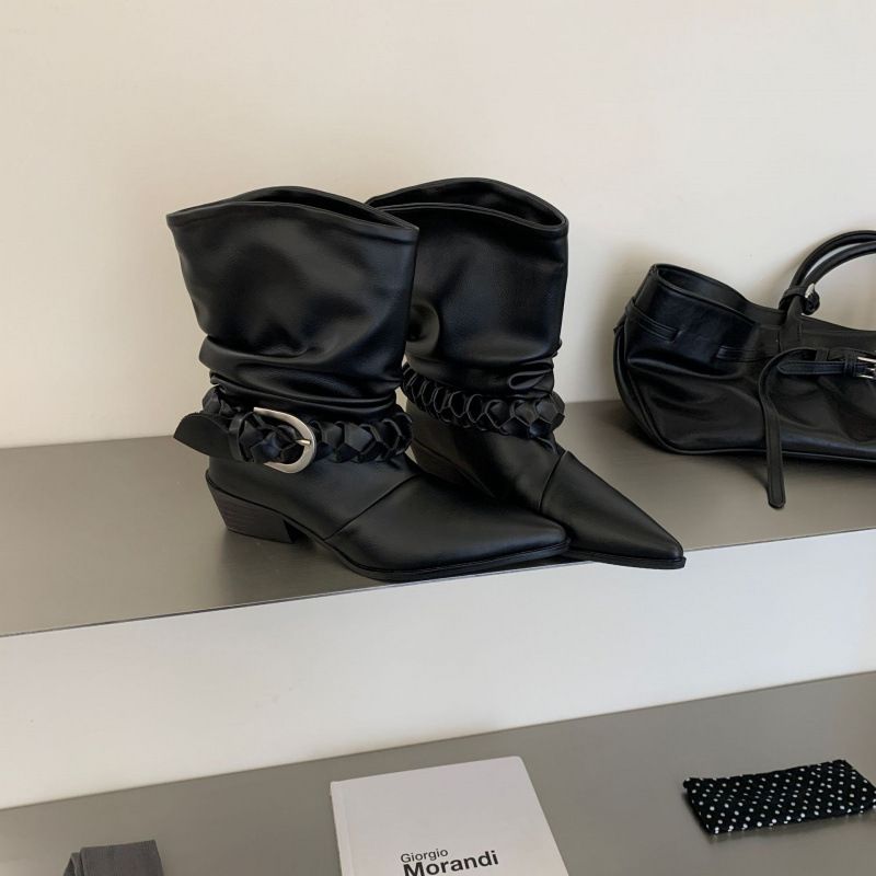 Chunky-Heeled French Retro Pointed-Toe Western Cowboy Short For Women, 2026 New Style Pleated Stacked Boots_vogvips.com