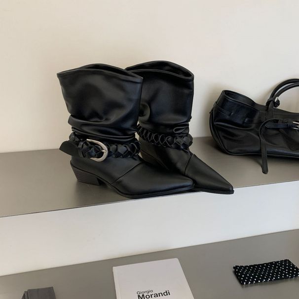 Chunky-Heeled French Retro Pointed-Toe Western Cowboy Short For Women, 2026 New Style Pleated Stacked Boots_vogvips.com