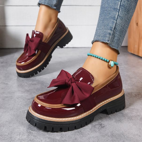 Women's Thick Soled Platform Low Top Single Shoes Plus Size British Style Leather Bow_vogvips.com