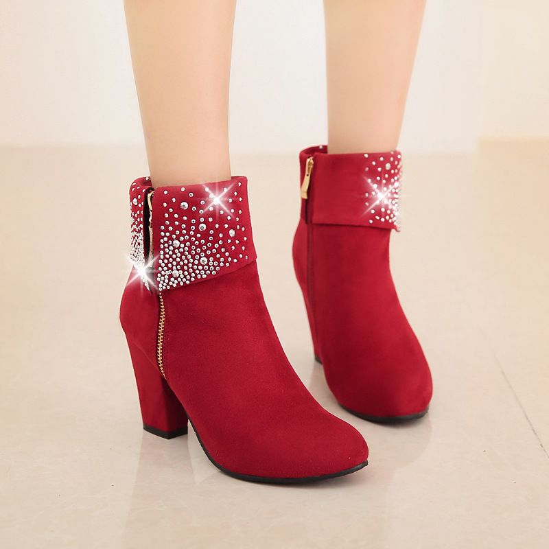 34-43 Large Size High-heeled Chunky Heel Rhinestone Ankle Boots For Women, Wedding Boots, Foreign Trade Supply,_vogvips.com