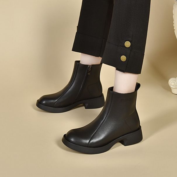 ShoeVault Genuine Leather Flat Round Toe Thick Short For Women 2024 Autumn Winter New Style Chunky Heel Soft Sole Single Versatile_vogvips.com