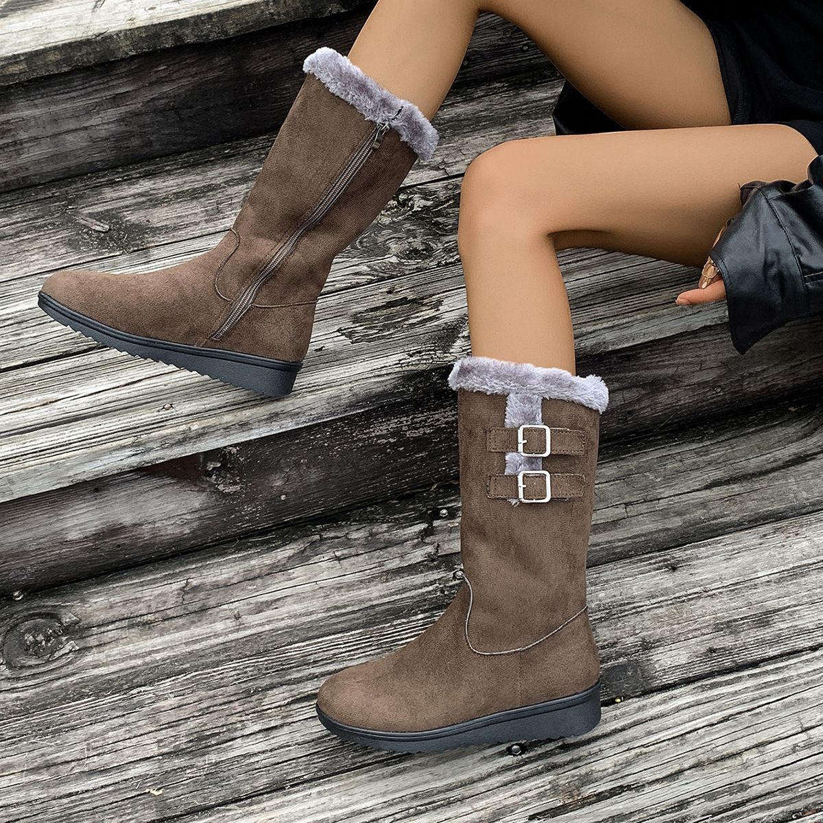 Women's Winter Snow Boots With Faux Fur Lining, Slip-Resistant Sole, Side Zipper & Belt Detail - Comfortable Casual High-Top Boots For Cold Weather_vogvips.com