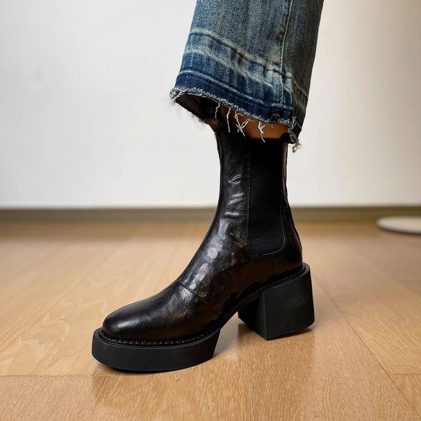 2025 Round Toe Chunky Heel Casual Short For Women 2025 Autumn New Fashion Versatile Retro Slimming Stretch Martin Boots_vogvips.com