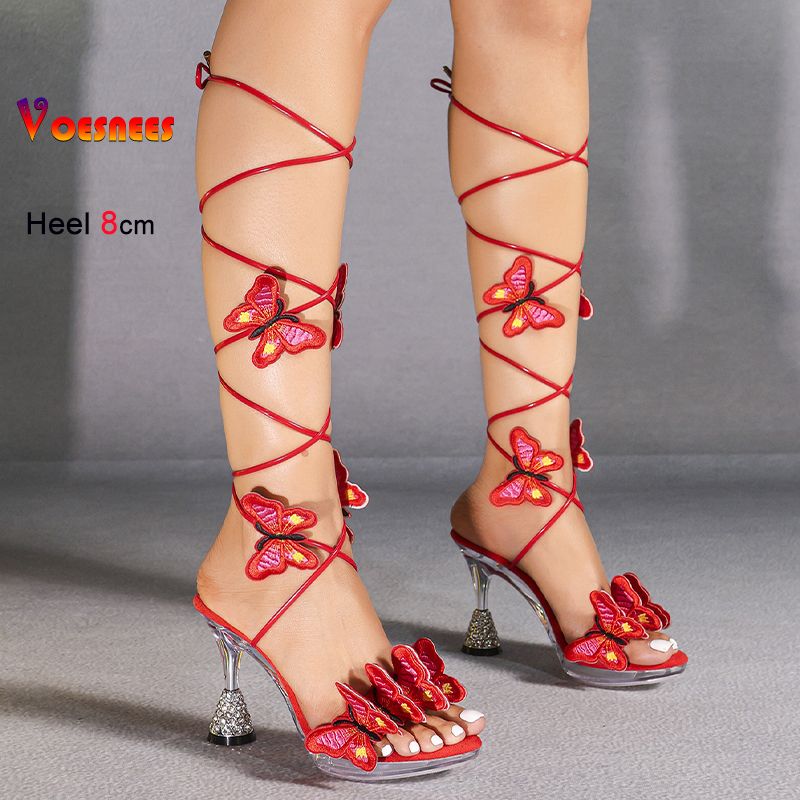 Fashion Summer Black Women's Sandals Handmade Embroidery Butterfly Cross Strap Round Toe Thin High Heels 8cm Sexy Dance_vogvips.com