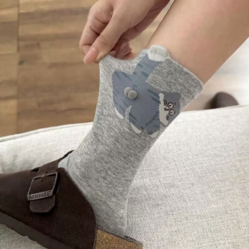 Original Cartoon Egg Cat Funny Socks Women's Tube Socks Ins Trendy Spring And Autumn Cotton Socks Cute Animal Boneless Socks_vogvips.com