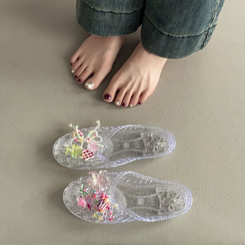 Jelly For Women, Korean Style Fahionable Outdoor Cloed-Toe Flat Shoe, Tranparent With Flower Acceorie, Beach_vogvips.com