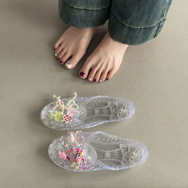 Jelly For Women, Korean Style Fahionable Outdoor Cloed-Toe Flat Shoe, Tranparent With Flower Acceorie, Beach_vogvips.com