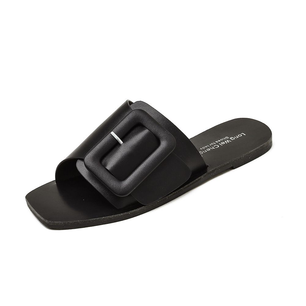Women's Flat Open Toe Sandals Korean Style Slip On Beach Shoes Square Buckle Versatile_vogvips.com
