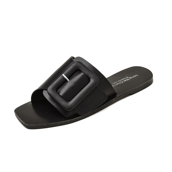 Women's Flat Open Toe Sandals Korean Style Slip On Beach Shoes Square Buckle Versatile_vogvips.com