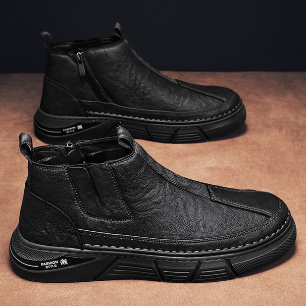European Warm Series Autumn Winter New Side Zipper Mid-Top Casual Workwear Trendy Fashion Martin Boots Slip-On High-Top Men's Shoes_vogvips.com