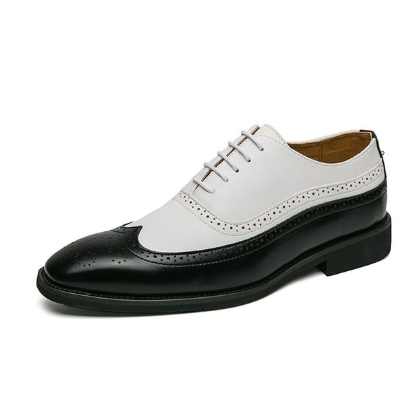 Leather business formal wear double color matching brogue carved pointed toe lace-up men's leather shoes_vogvips.com