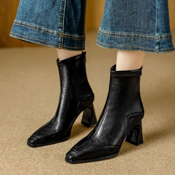 Women's High-heeled Ankle Boots 2025 New Model Brown Melard Boots Women's Mid-calf Boots Fashion Chunky Heel Pointed Toe Slim Boot_vogvips.com