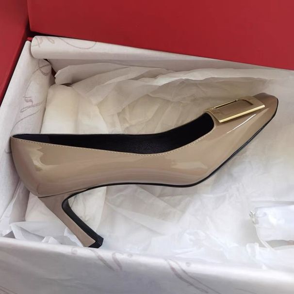 Top Version Buckle High Heels Genuine Thin Heel Patent Leather Square Toe Single Elephant Gray Wedding Shallow Mouth_vogvips.com