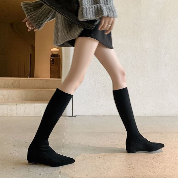 Women's Pointed Toe High Heel Knee High Boots Stretchy Slouchy Boots With Hidden Platform Suede Tall Boots Apricot Color, Suede, Elastic, Slim Fit_vogvips.com