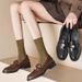 French Retro British Style Chunky Heel Loafers For Women, Soft Leather Slip-on With Camellia Decoration, Spring And_vogvips.com