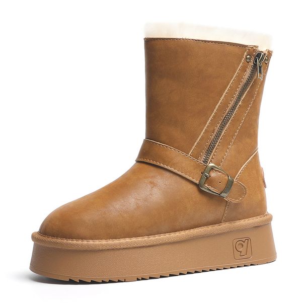 Genuine Leather Snow Boots For Women, High Tube, New Winter Style, Fleece Lined, Thickened, Warm, Mid-Calf, Non-Slip,_vogvips.com