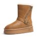 Genuine Leather Snow Boots For Women, High Tube, New Winter Style, Fleece Lined, Thickened, Warm, Mid-Calf, Non-Slip,_vogvips.com