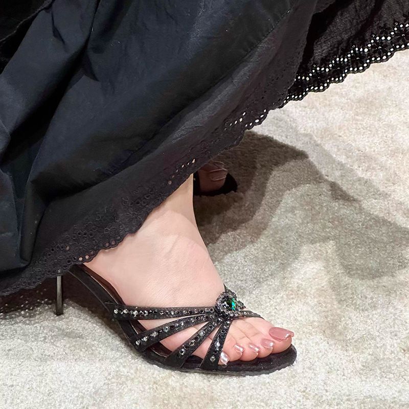 Round Rhinestone High Sandals Open Toe 2025 Summer One Strap Socialite Outdoor Wear Thin Heel Black Half Slippers_vogvips.com