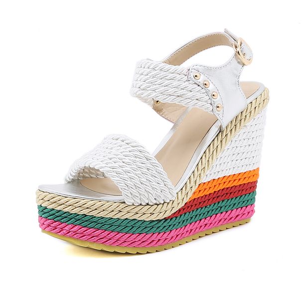 Women’s Shoes Summer New Style Super High Heel Wedge Sandals Straw Bridal Fish Mouth Roman Rainbow 43 Large Size Women's Shoes_vogvips.com