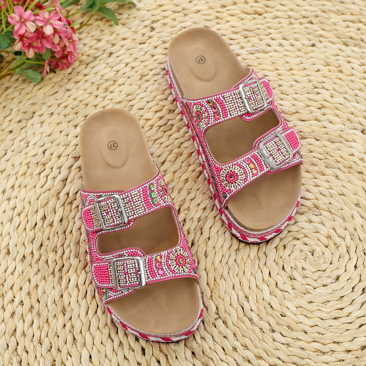 Women's Summer Platform Sandals With Rhinestone Buckle Strap Comfortable Thick Sole Casual Slide Shoes Belt Buckle Sandals For Women_vogvips.com