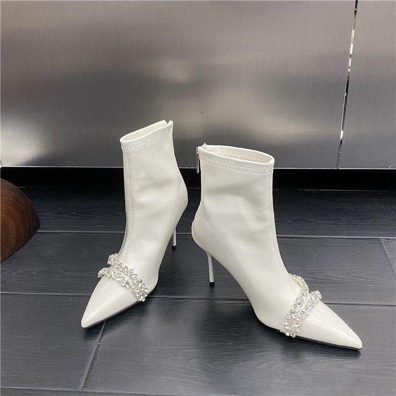 Women's High Heeled Ankle Boots Rhinestone Style Fleece Lined Slim Fitting White Pointed Toe Spring Autumn_vogvips.com